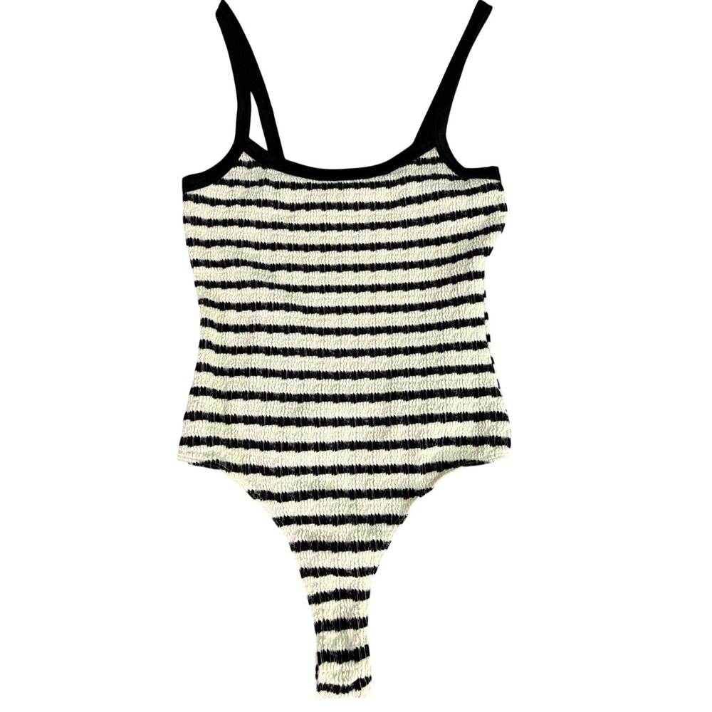 Black White Stripe‎ Textured Knit Thong Bodysuit Women's Size S Sexy